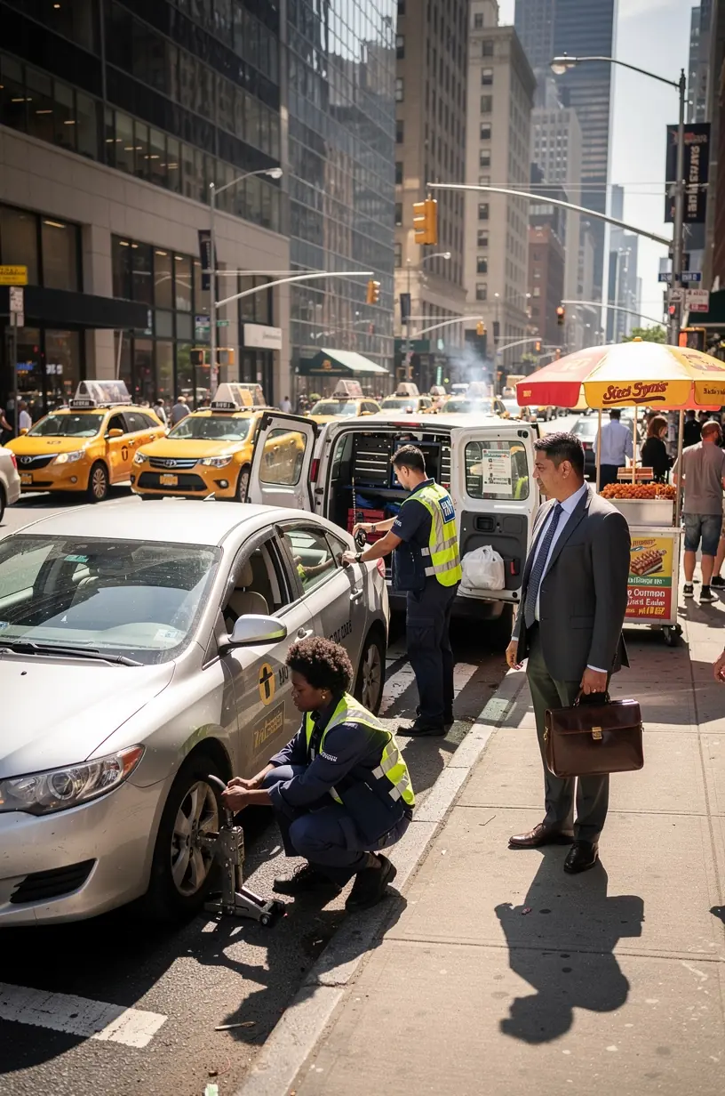 Mechanic performing rapid engine diagnostics at a New York repair center designed for city commuters.
