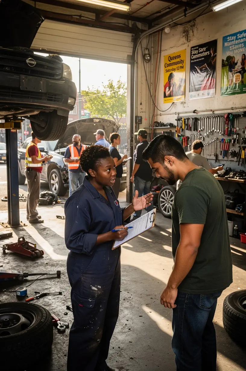 Close-up of a roadside assistance worker using advanced tools to fix a vehicle’s brake system in New York.